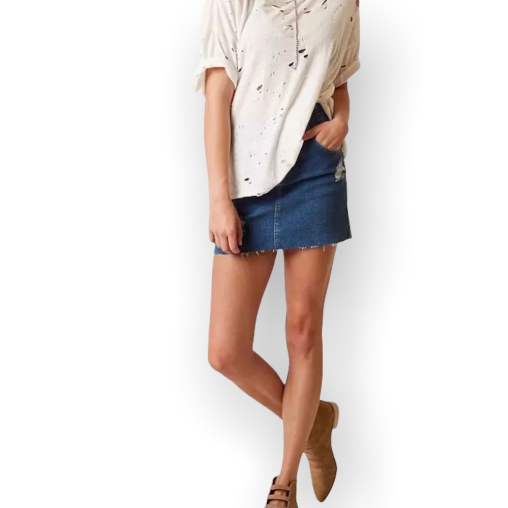 FREE PEOPLE Corsette Denim Distressed Mini Skirt - Picture 1 of 16